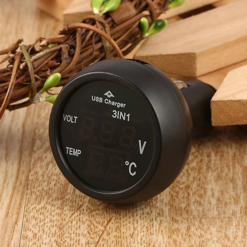 Car Charger 3 in 1 12/24V Charge with Voltmeter Switch Car Auto LED Digital Voltmeter Gauge Thermometer USB Charger Qme