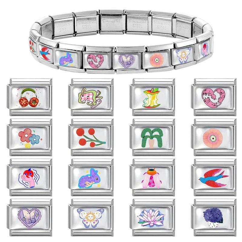 Fashion Women Men Y2k Colorful UV Heart Cat Sun Butterfly Italian Charm Link Fit 9mm Stainless Steel Bracelet DIY Making Jewelry Qme