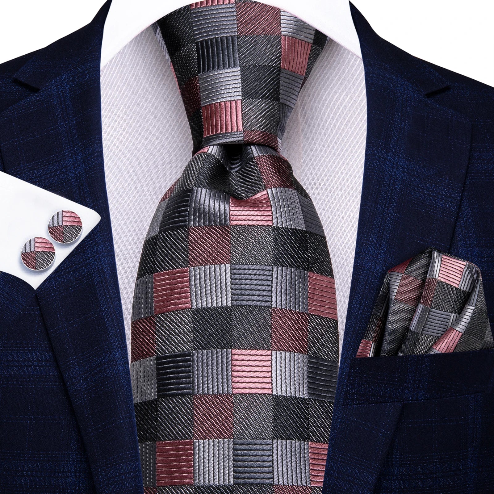Hi-tie Fashion Black Plaid Dots Men's Elegant Tie Handkerchief