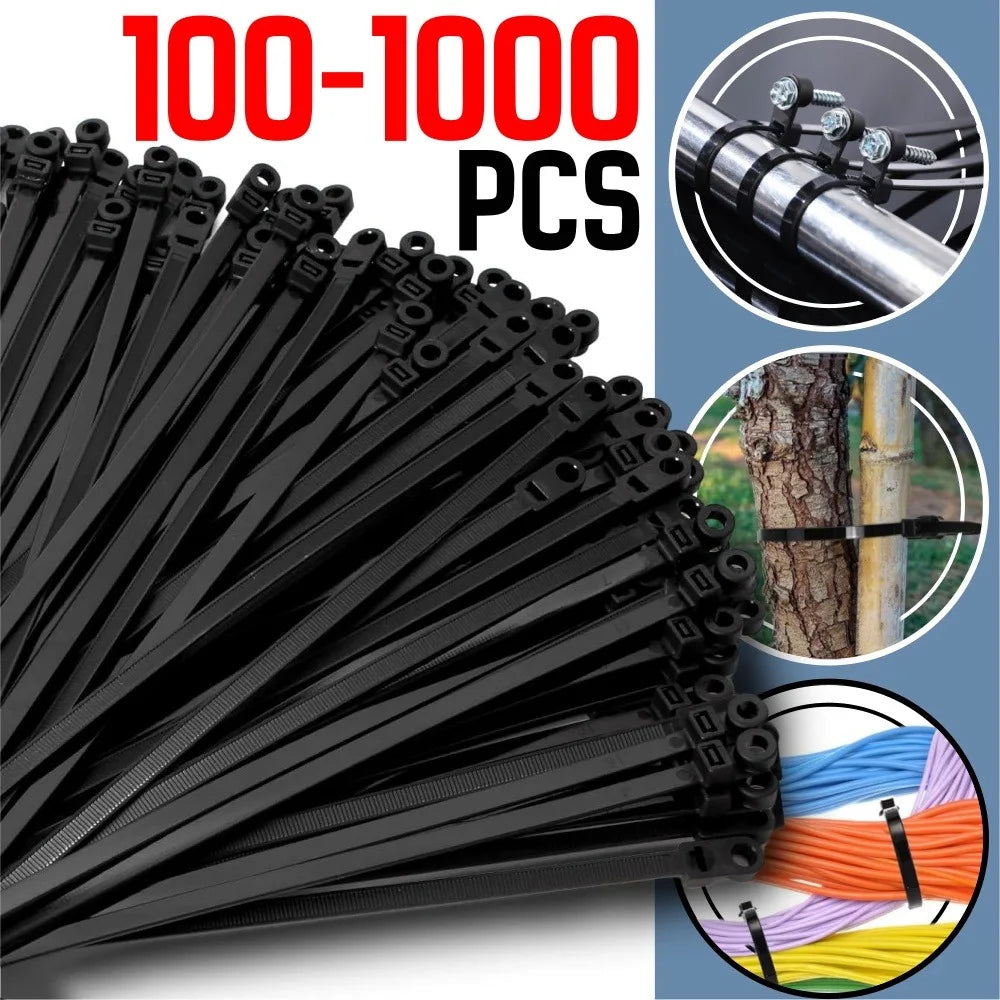 100-1000PCS Screw Hole Cable Ties Heavy Duty Adjustable Self-locking Nylon Cable Ties DIY Office Cables Wire Fasten Organizer Qme