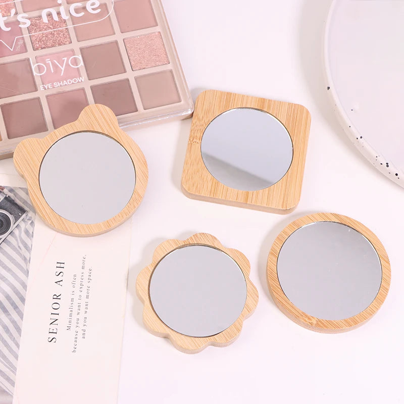 Hand-held Beauty Makeup Mirror Small Round Mirrors Simple Wooden Qme