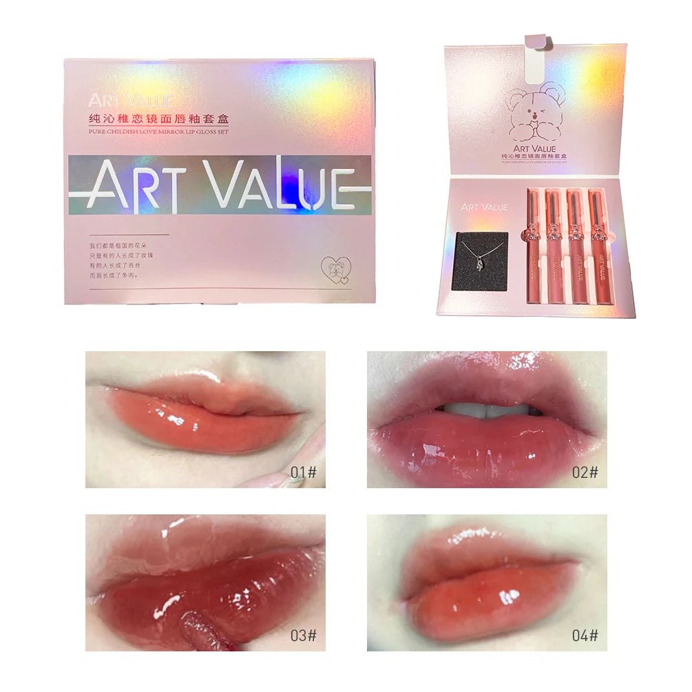 4Pcs Lipgloss Liquid Lipstick Long Lasting Moisturizing Makeup Mirror Lip Glaze Set With Necklace Lip Tint Cosmetics For Women Qme