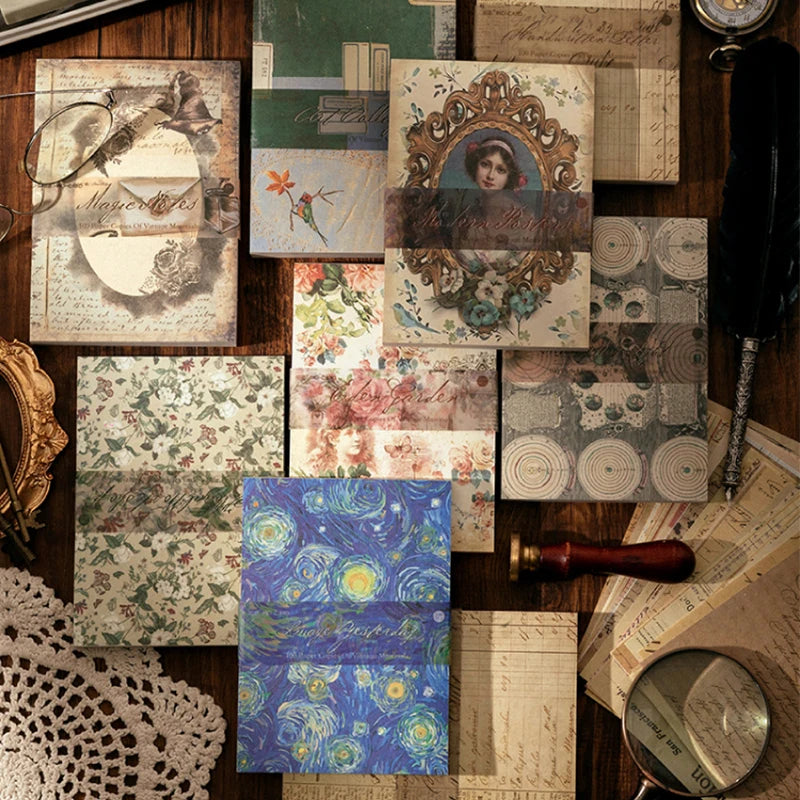 8 Style100Pcs/book Memo Material Paper Vintage Artistic Character Message Card Beautiful Flowers European Style DIY Hand Account Qme