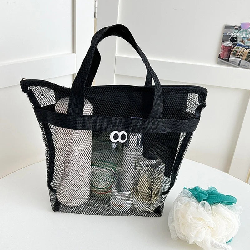 Portable Mesh Storage Bag for Seaside Vacation Swimming Fitness Toiletries Organizer Qme black 1pcs