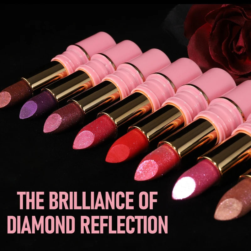 8Colors Glitter Lipstick Waterproof Lasting Diamond Pearlescent Metallic Gloss Lipstick Purple Lipgloss Lips Makeup Cosmetics Qme