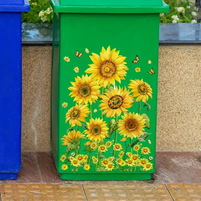 Trash Can Stickers Floral Wheel Self-adhesive Waterproof PVC Decals Qme