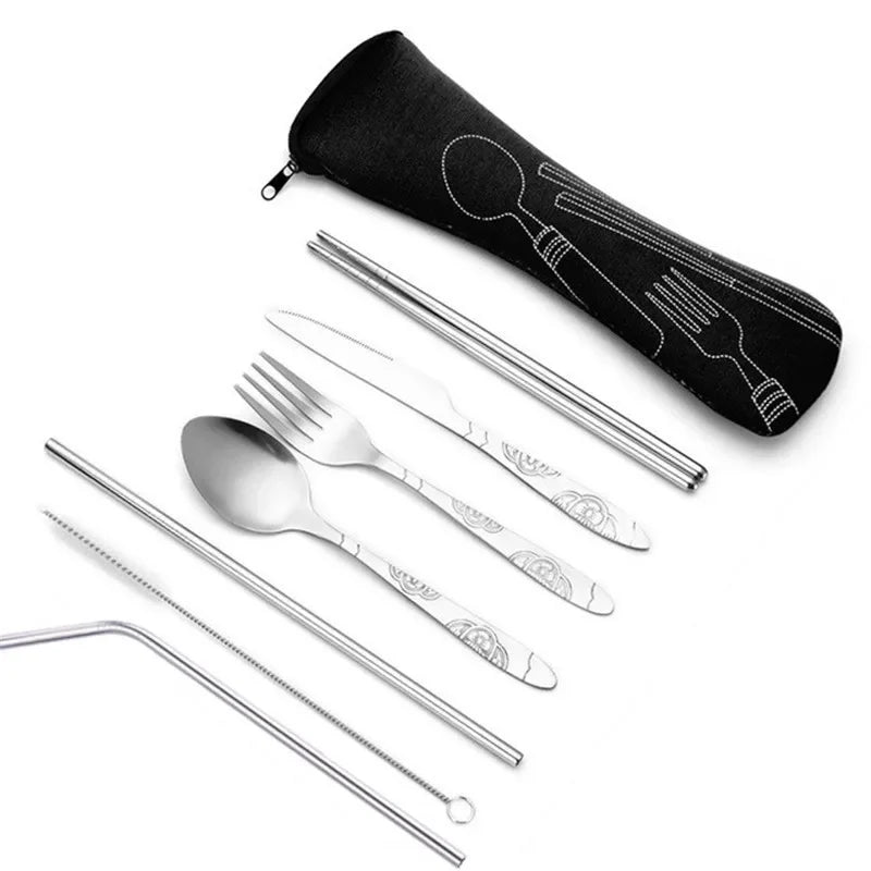 Portable Stainless Steel Cutlery Bag Spoon Fork Knife Chopsticks Qme black