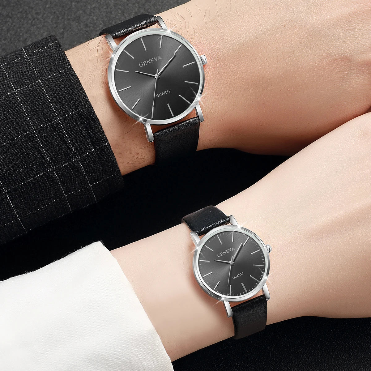 2 peças relógios de casal escala simples mostrador relógio de quartzo masculino feminino pulseira de couro relógios de pulso Qme