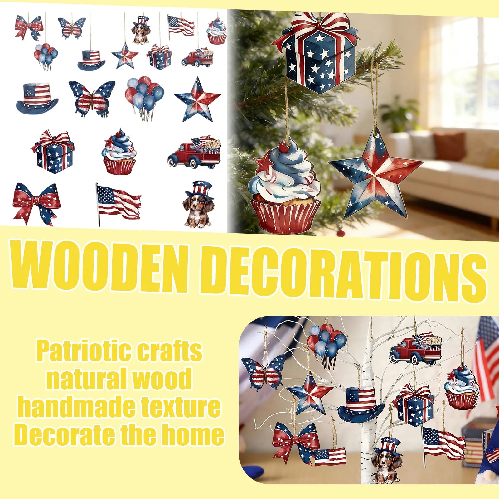 Independence Day Hanging Wooden Ornament Set Includes 12 Patterns and Hanging Ropes Anniversary Party DIY Decor Supplies Qme