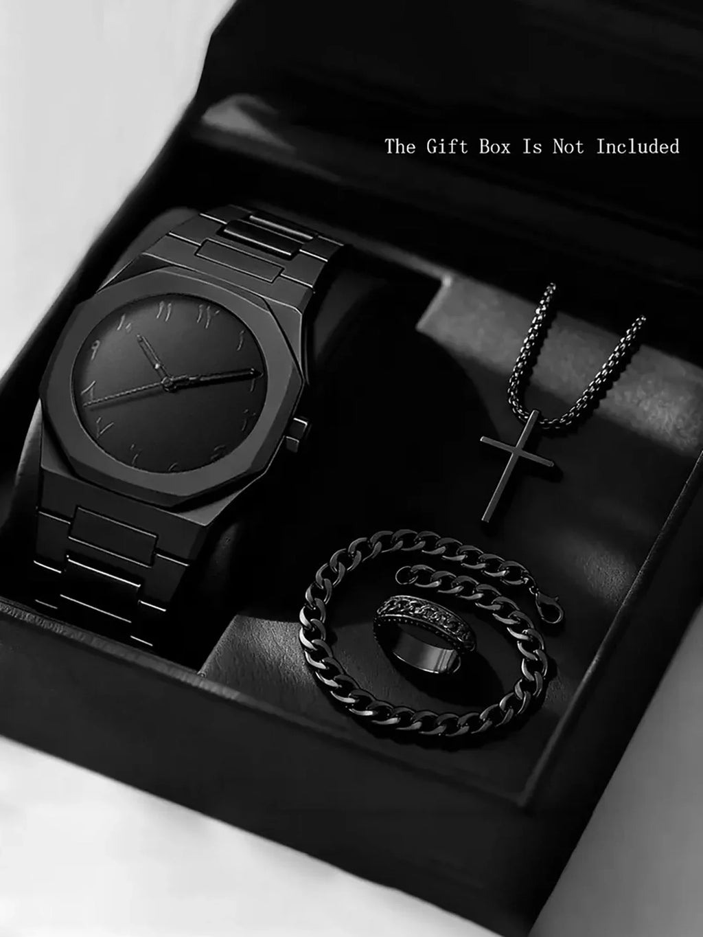 Punk Cross Pendant Matching Bracelet Ring Watch Set for Guys Qme black