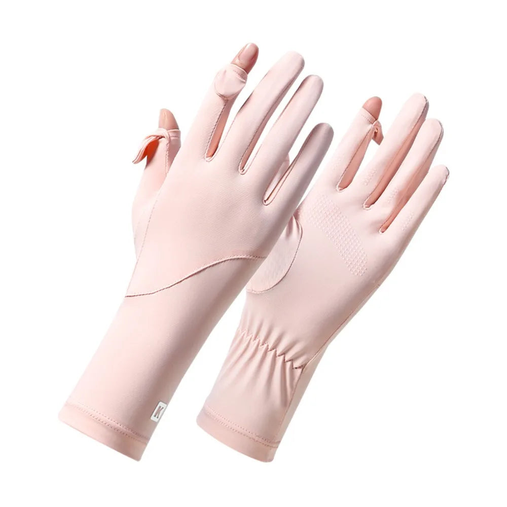 Ice Silk Women Sunscreen Gloves Anti-UV Breathable Sun Protection Riding Gloves Non Slip Touch Screen Summer Driving Gloves Qme Pink