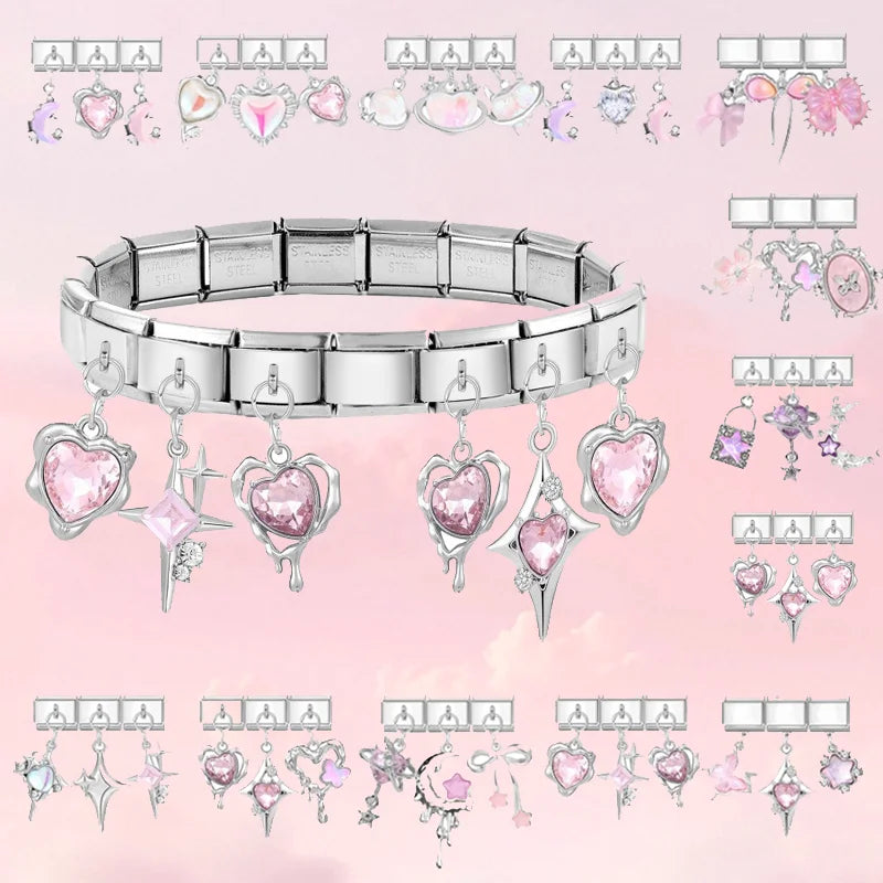 3PCS Pink Zircon Series Heart Shiny CZ Italian Charm Link Fit 9mm Stainless Steel Bracelet Women Men DIY Making Dropshipping Qme