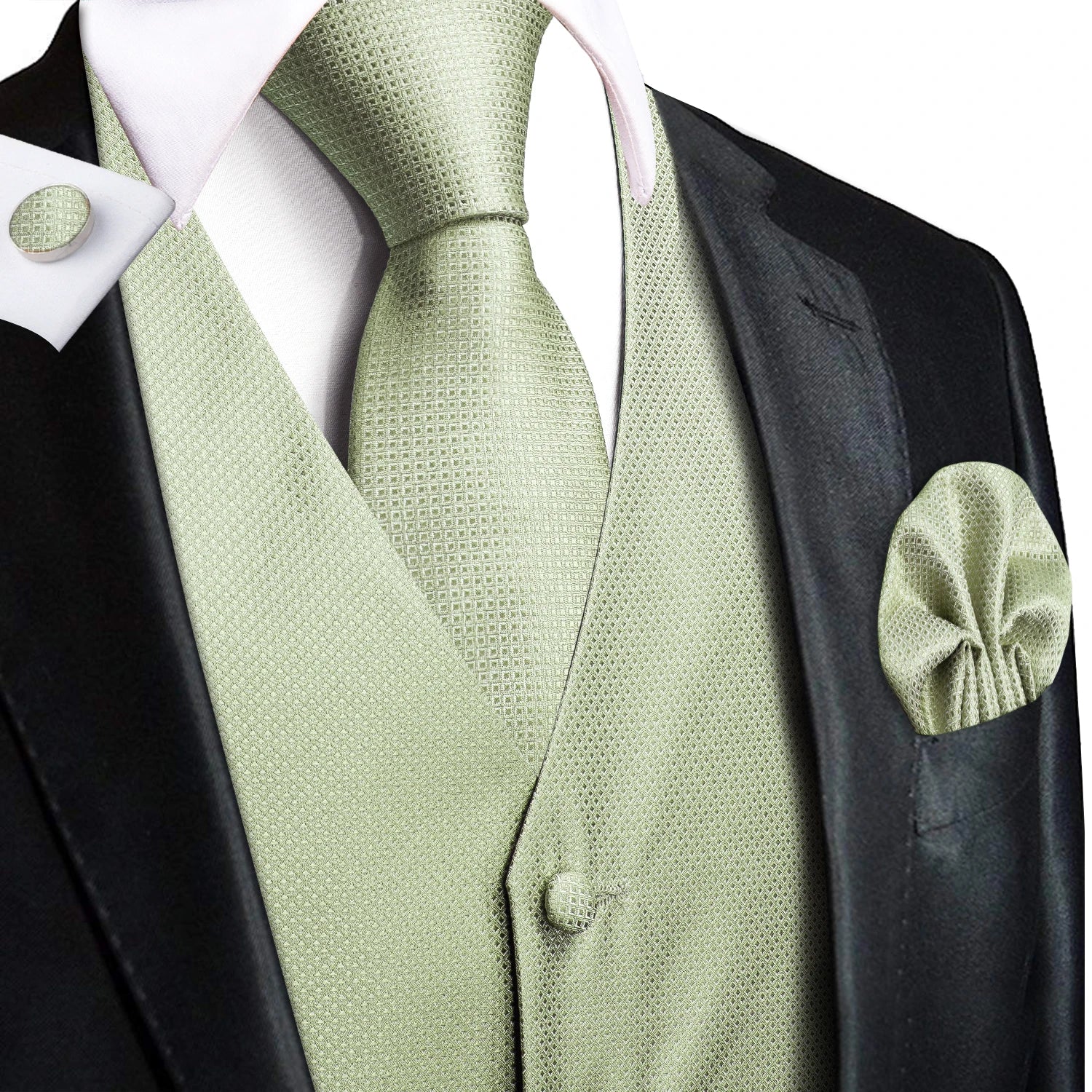 Sage Green Solid Floral Mens Suit Vests Woven Blue Waistcoat Tie Qme