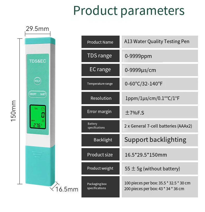 3-In-1 Digital Water Tester TDS EC Thermometer 0-9990 Ppm Drinking Qme