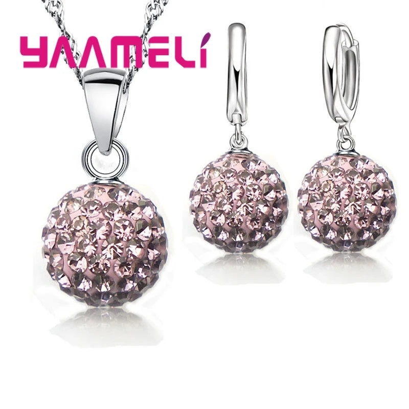 Crazy New Jewelry Sets 925 Sterling Silver Color Austrian Crystal Pave Disco Ball Lever Back Earring Pendant Necklace Woman Gift Qme 16