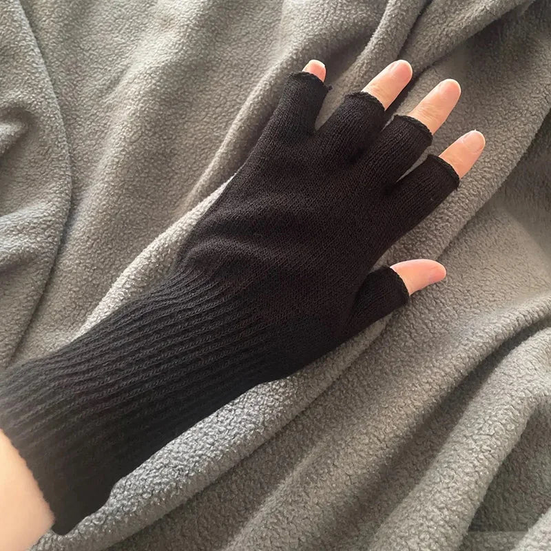1 Pair Long Gloves Black Fingerless Knitted Gloves for Men Women Warm Outdoor Mitten Cycling Accessories Elastic Work Gloves Qme