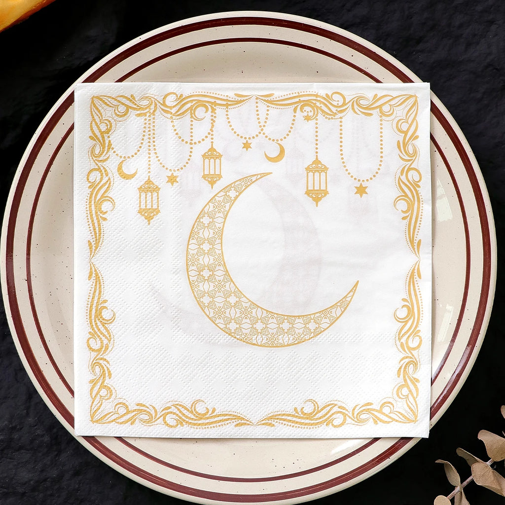 20 Elegant Disposable Ramadan Party Napkins Featuring a Yellow Moon Lantern Design, Perfect for Eid Celebrations, Home, Kitchen Qme