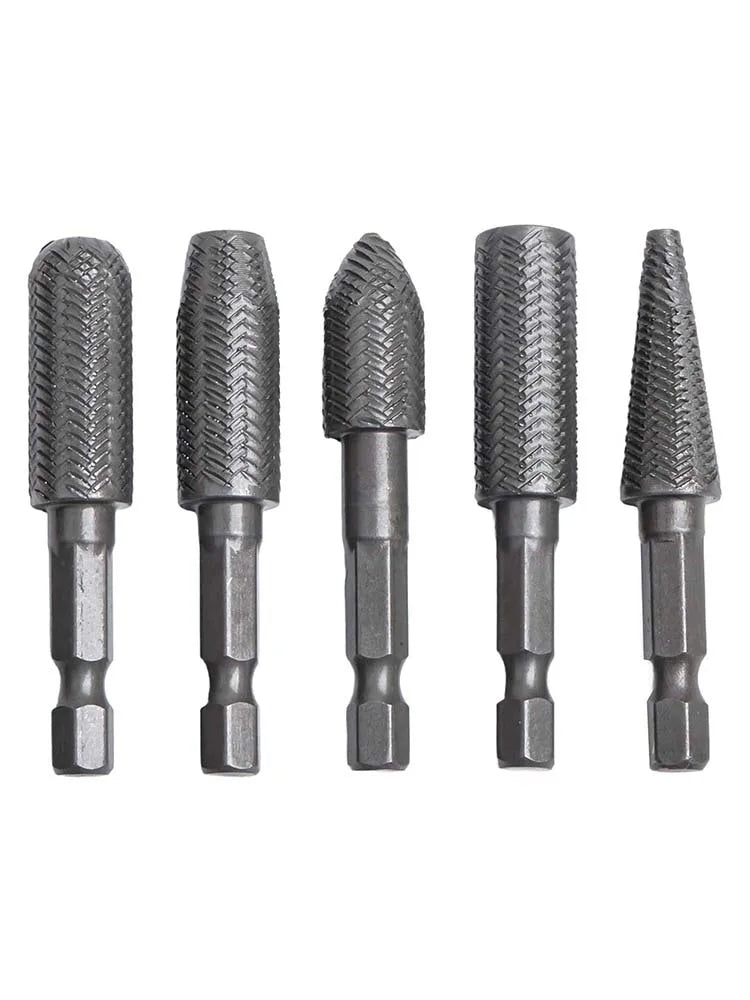 5Pcs/set Rotary Rasp 1/4 Inch Hex Shank Rotary Steel File Drill Bits Burrs Grinding Grooved Sanding Engraving Grinding Tools Qme