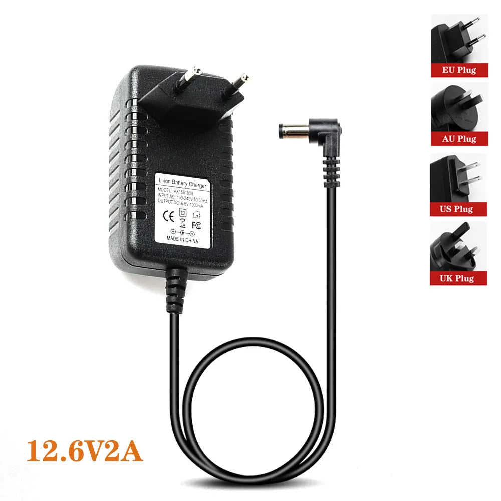 4.2V 8.4V 12.6V 16.8V 21V 25.2V 29.4V 1A 2A 3A 18650 Lithium Battery Charger for Lithium Battery Pack 90 Degree Elbow Qme 12.6V2A EU PLUG