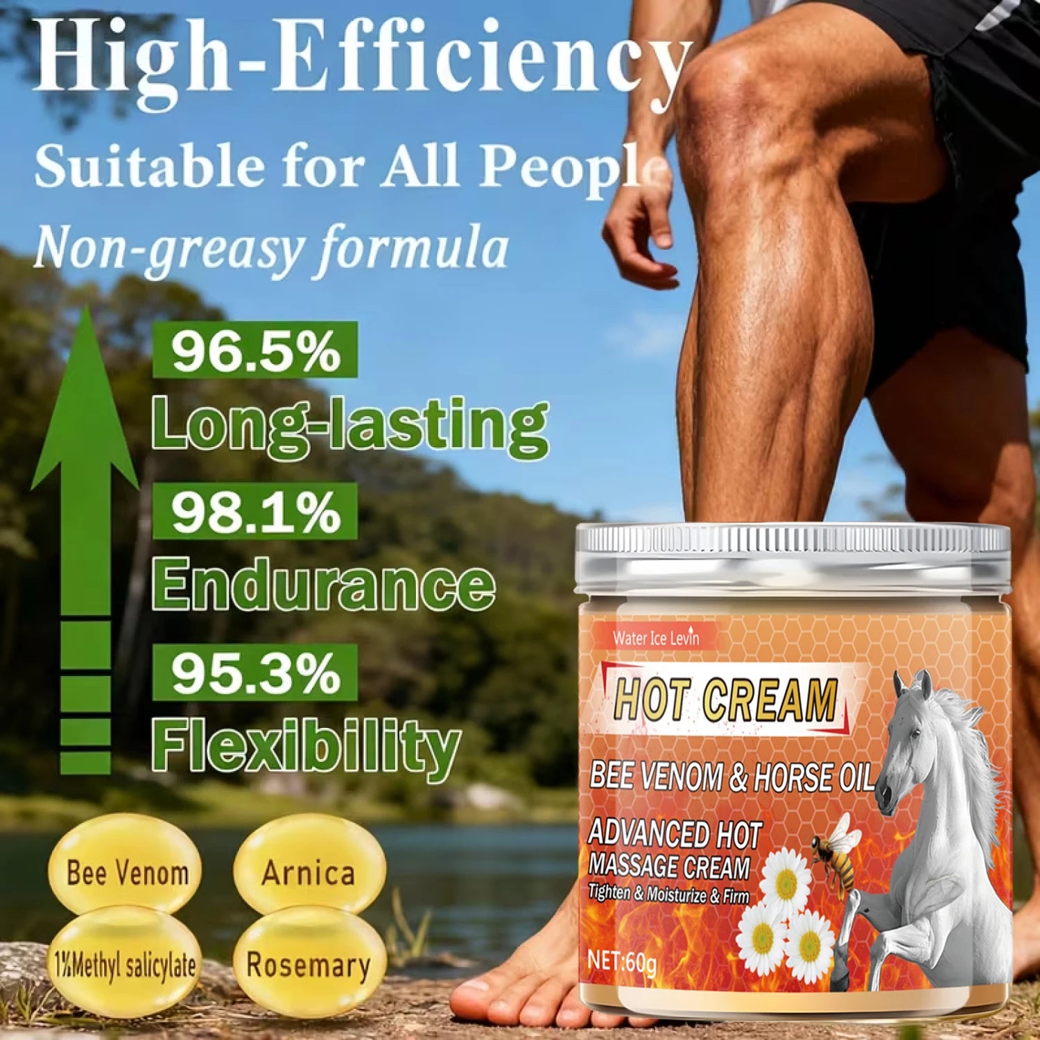 Bee Venom & Horse Oil Hot Cream for Pre-Workout Warming, Firming & Nourishing Massage. Qme