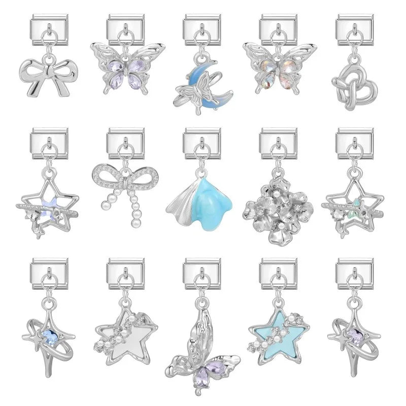 Fashion Blue Sereis Star Pearl Moon Butterfly Italian Charm Links Fit 9mm Stainless Steel Bracelet Women Jewelry DIY Making Gift Qme