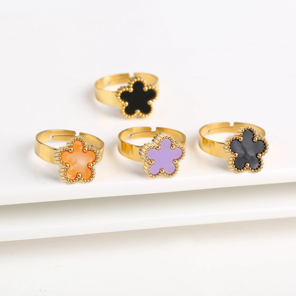 Hot Sale Stainless Steel Five-Leaf Flower Opening Adjustable Ring For Female Male Wedding Party Finger Jewelry Gifts Clover Qme