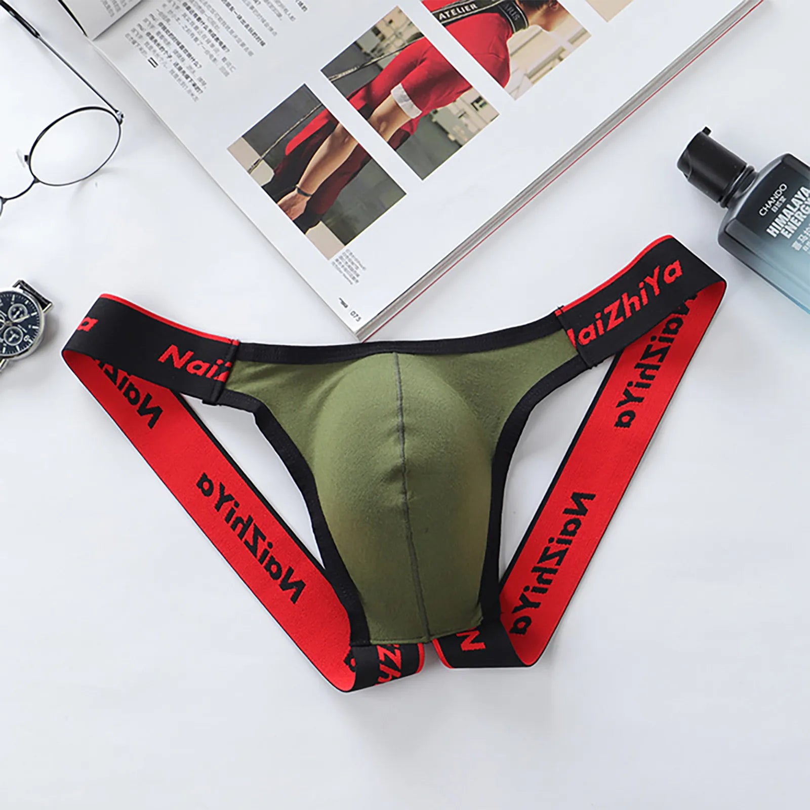 Male Fashion Sexy Letter Erotic Panties Thong Low Waist Casual Breathable T-Pants Bladder Soft and Comfortable Briefs Qme Army Green XL