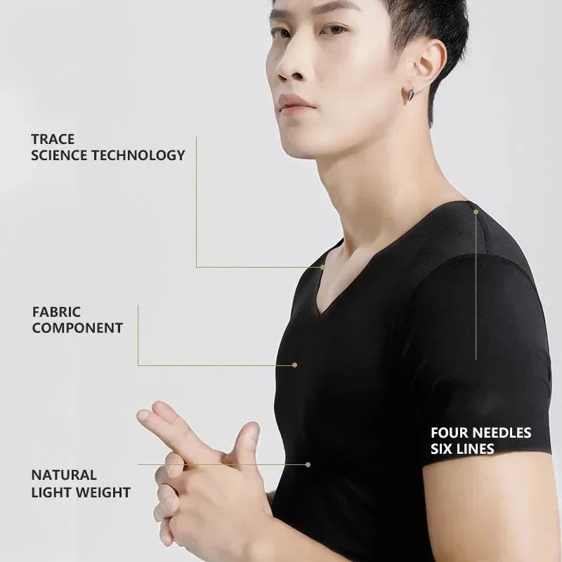 Men's Ice Silk Thin Cool Feeling V-Neck Large Size Men T-Shirt Short Sleeve Loose T-Shirt Solid Color for Male Tops Tees Qme