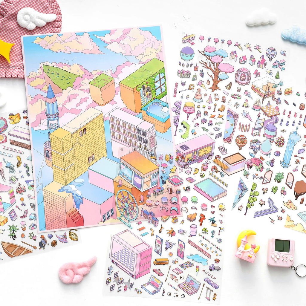 TIANZI Cartoon Miniature Scene 5 pcs 3D Landscaping Stickers DIY Cabin Scene Stacking and Pasting Hand Account Cute Stationery Qme
