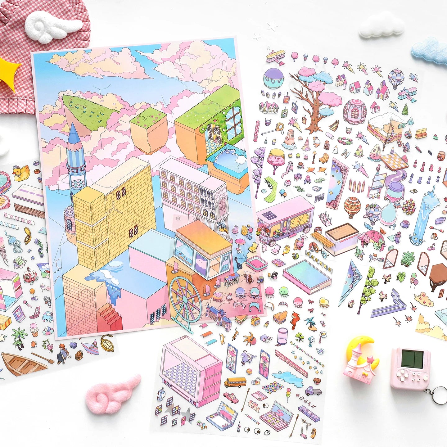 TIANZI Cartoon Miniature Scene 5 pcs 3D Landscaping Stickers DIY Cabin Scene Stacking and Pasting Hand Account Cute Stationery Qme