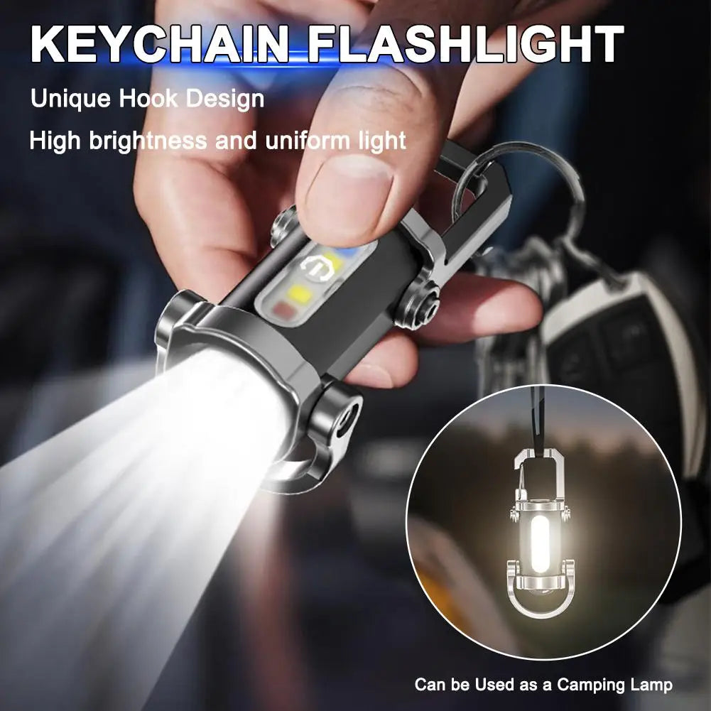 Mini Keychain Flashlight Rechargeable Pocket COB Working Light Outdoor Hook Emergency Warning Light for Camping Walking Hiking Qme