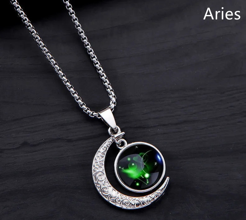 12 Constellation Luminous Necklace Zodiac Signs Jewelry Crescent Moon Pendant Glow In The Dark Necklace Birthday Gifts Unisex Qme Aries