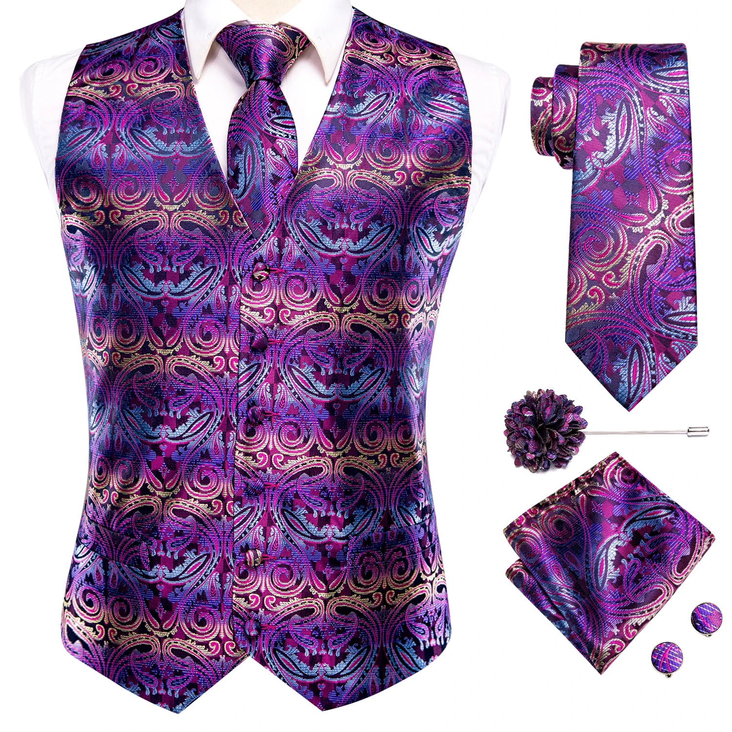 Hi-Tie Silk Mens Suit Vests 4PC Woven Paisley Champagne Waistcoat Tie Pocket Square Cufflink Business Wedding Dress Waist Jacket Qme MJ-0027 3XL