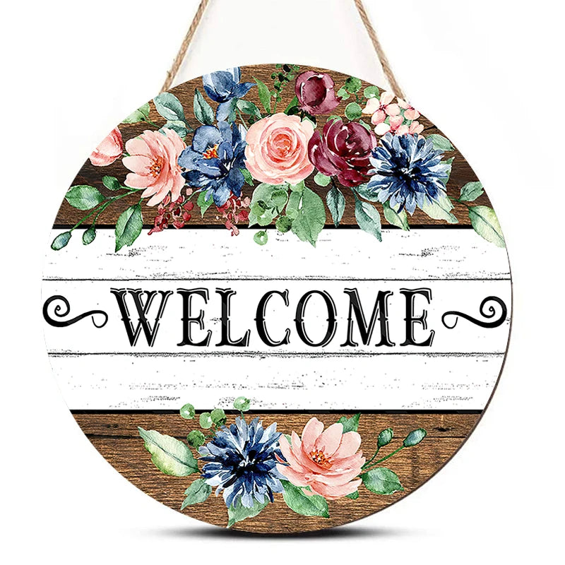 Rustic Flower Welcome Wall Hanging Decor Round Wood Art Plaques Sign Door Sign for Spring Home Living Room Decor Qme S