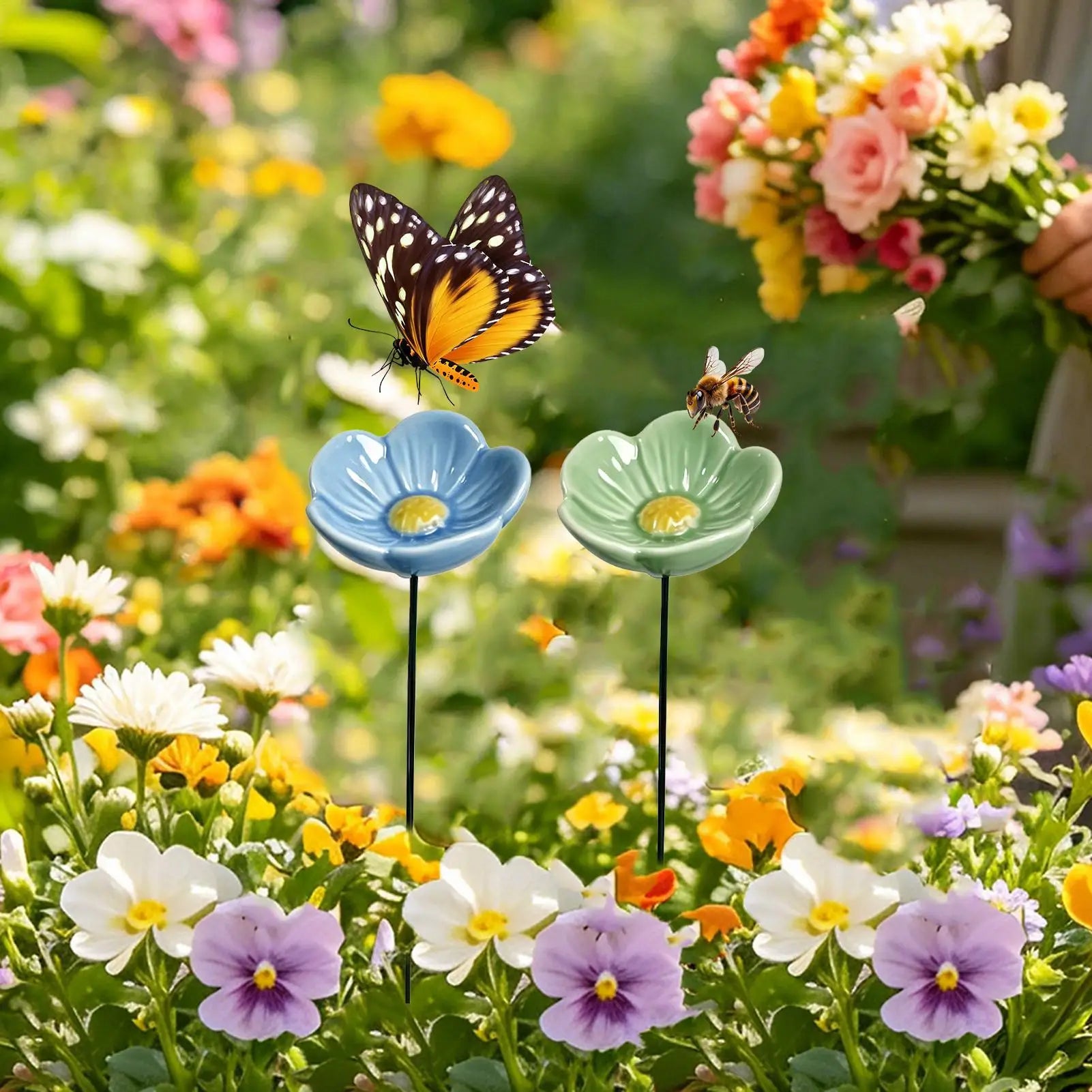 Creative Portable Bee Water Feeder Resin Flower Drinking Fountain Holder Bee Watering Station Bird Bath Stand Household Qme