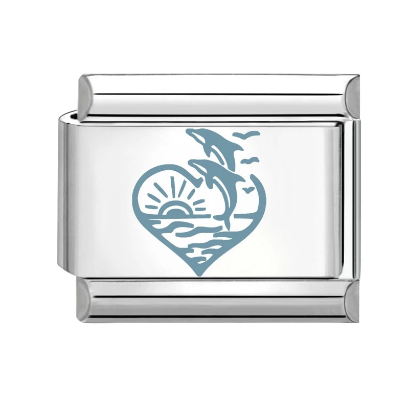 Cartoon Cute Blue Fishs Dolphin Laser Engraving Italian Charm Links Stainless Steel Fit 9mm Bracelet Men Women DIY Making Gifts Qme Style 17