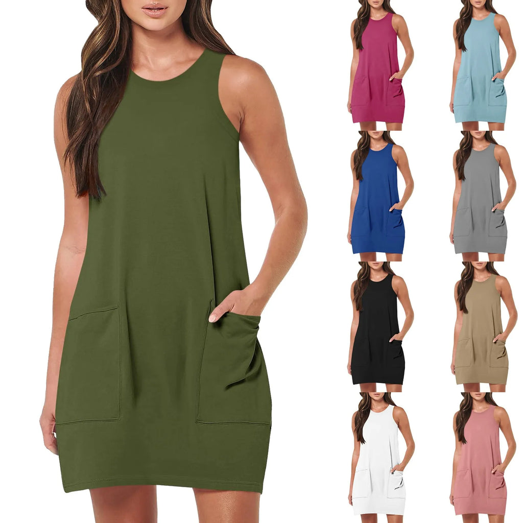 Summer Casual Solid Colour Vintage Sleeveless Round Neck Sundress With Pockets For Women Short Beach Vacation Tank Dresses Qme
