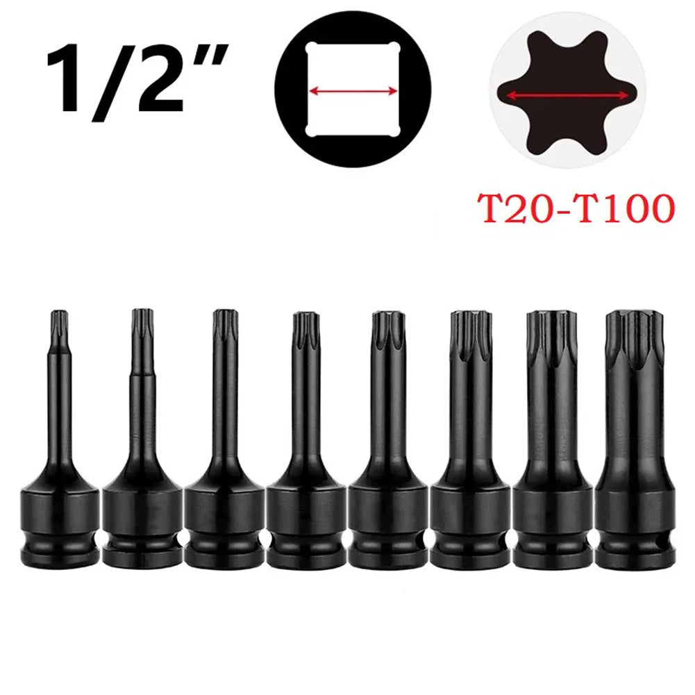 1pc Torx Screwdriver Bits 1/2'' Square Drive Socket Adapter T20 T25 T27 T30 T35 T40 T45 T50 T55 T60 T70 Pneumatic Socket Adapter Qme