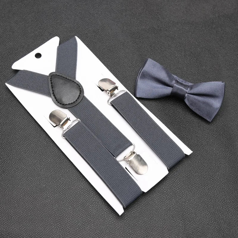 Kids Suspenders for Pants Bowtie Set Matching Tuxedo Suit Boy Girl Childs Black Adjustable Y-Back Brace Belt Wedding Accessories Qme Dark Grey