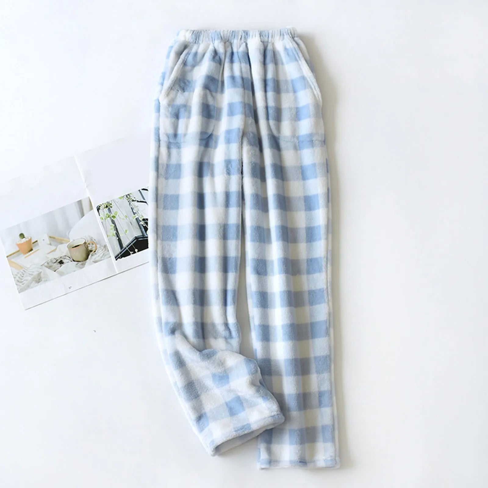 Comfortable Winter Thick Plaid Women's Flannel Pajama Pants High Waist Loose Casual Straight Big Size Fleece Warm Home Trousers Qme Sky Blue XXL