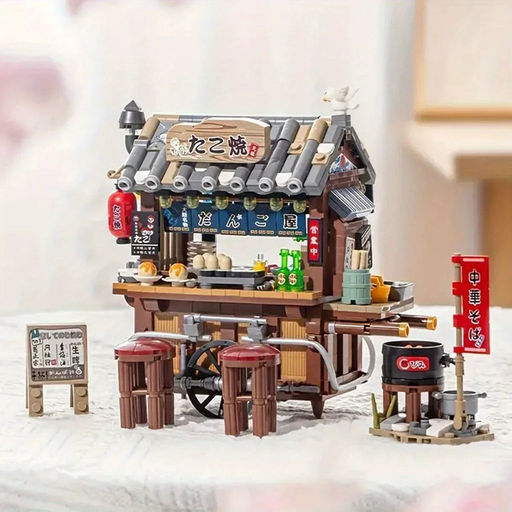 Mini City Street View Architectural Landscape Model Building Blocks Takoyaki Shop Food Stall Restaurant Toys Christmas Kids Gift Qme