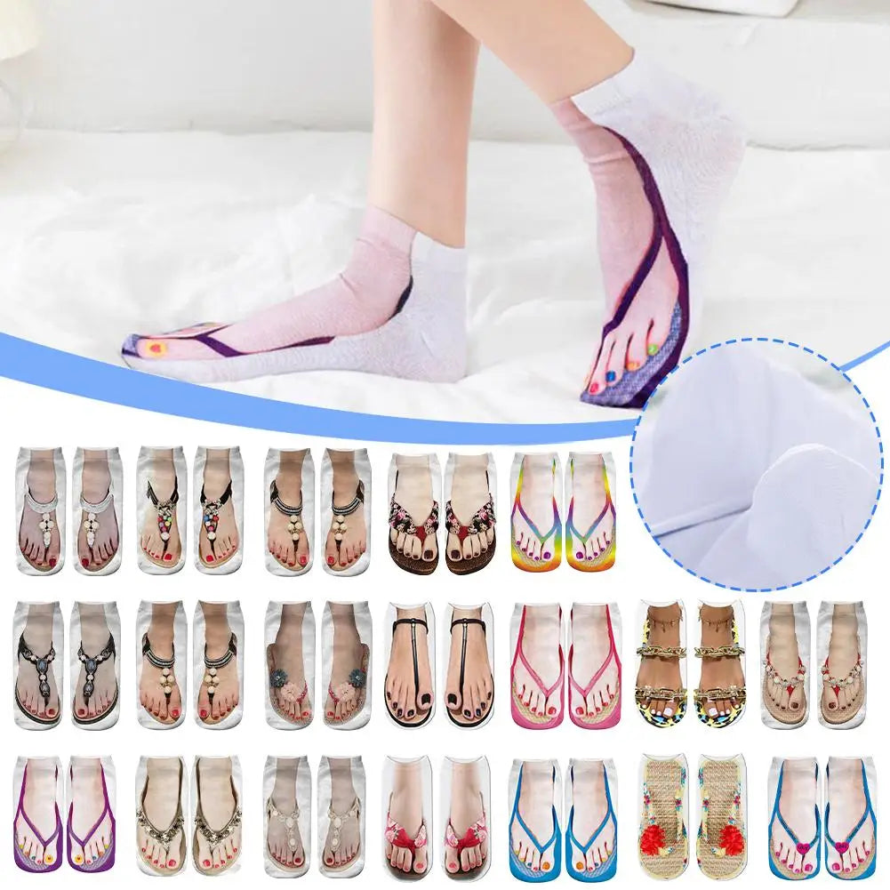 Fashion Canvas Flip Flop Shoes Cotton Socks 3D Printed Skeleton Summer Funny Kawaii Skull Foot Low Cut Ankle Socks For Women Sox Qme