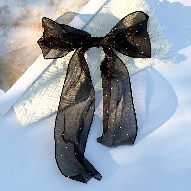 Shining Sweet Chiffon Bow Hair Clips Elegant Ribbon Ponytail Clip Qme black