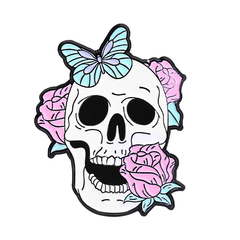 Purple Skeleton Enamel Pin Punk Butterfly Flower Intensive Eyes Gothic Strawberry Mushroom Halloween Lapel Badge Friends Jewelry Qme style 8