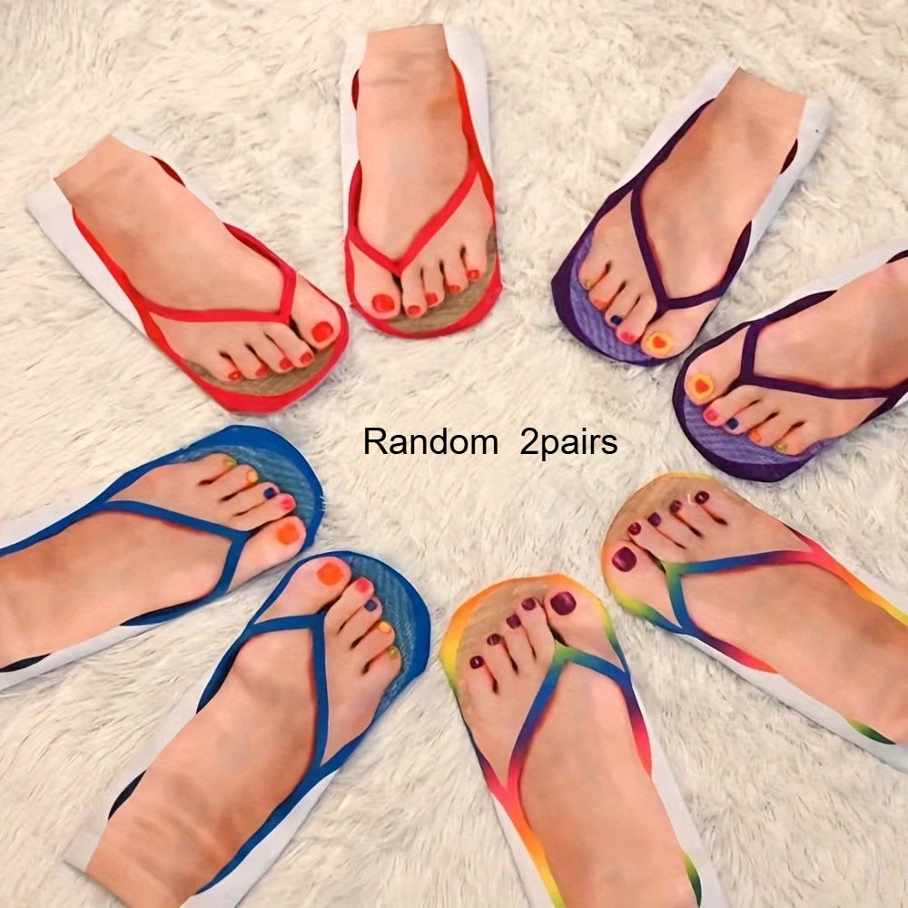 2pairs 3D nail print socks fun flip flops socks 3D pattern socks sandals socks low cut ankle fool socks - a prank gift Qme Random 2pairs One Size