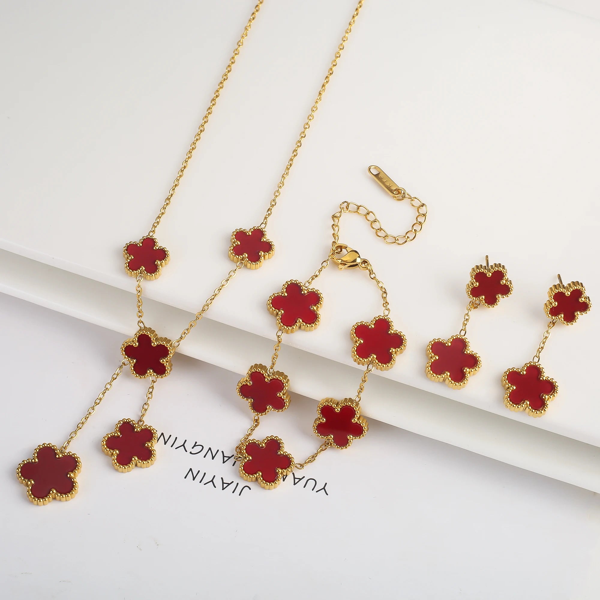 Clover Five Leaf Flower Stainless Steel Bracelet Necklace Earrings Jewelry Set Luxury for Women High Quality Party Jewelry Gift Qme 14