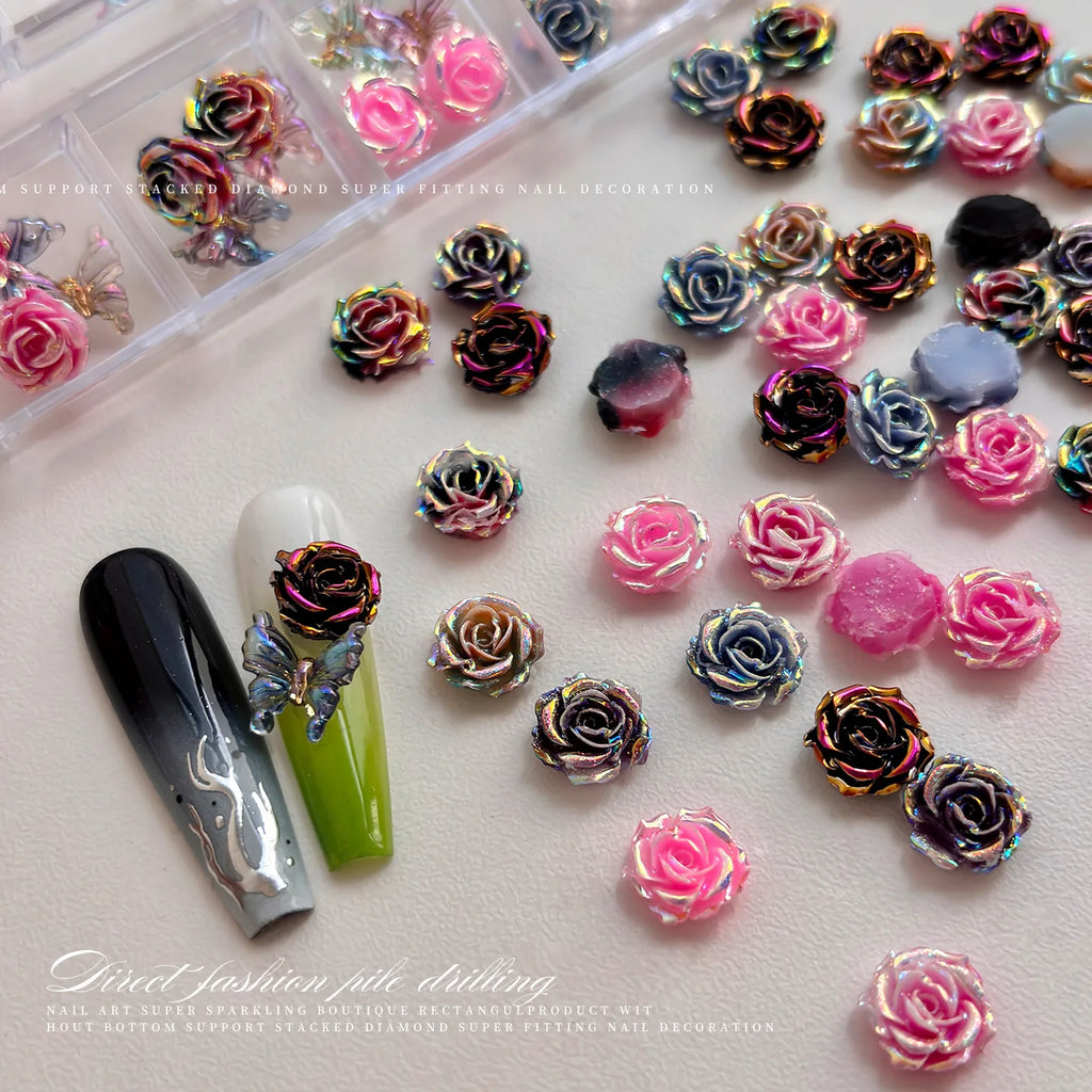 3D Rose Butterfly Nail Charms, Resin Gradient Rose Camellia Flower Insect Flat Back Nail Art Decorations for DIY Press on Nails Qme