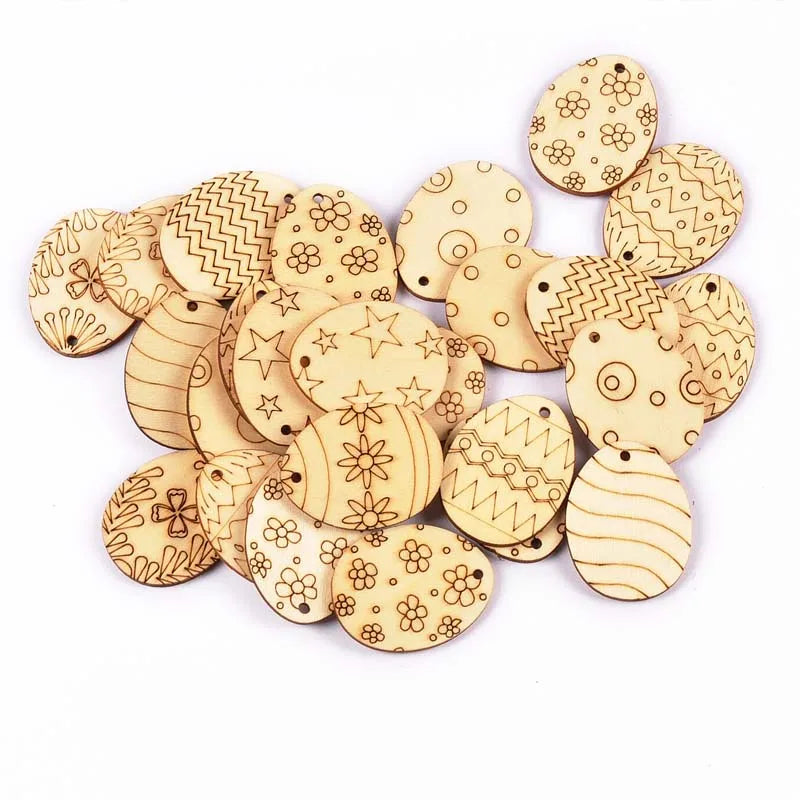 25Pcs Mixed Easter Egg Wood Crafts Pendant For Wooden Drop Hanging Ornaments DIY Scrapbook Home Decor Embellishments M2565 Qme