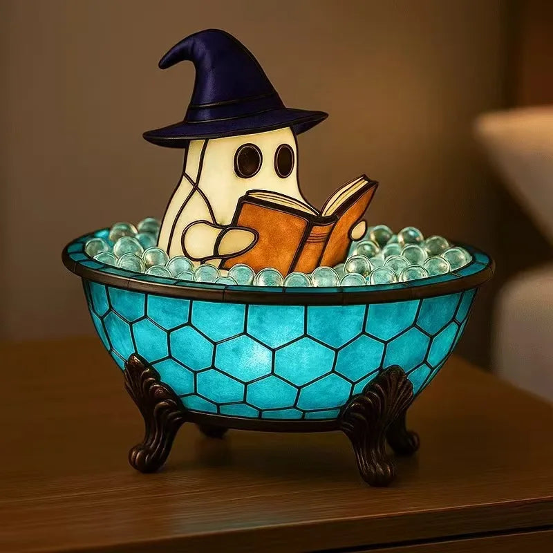 Cute Ghost Reading Book Night Light Spooky Halloween Decor Bedroom Qme