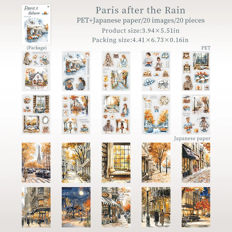 20 Sheets Paris Autumn Series Travel Theme Dual Material Sticker Book for DIY Scrapbooking Photo Frame Collage Decoration Qme 6